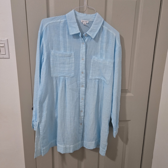 Tribal Tops - Tribal Jeans Women's Turquoise Seersucker Long Oversize Button Down